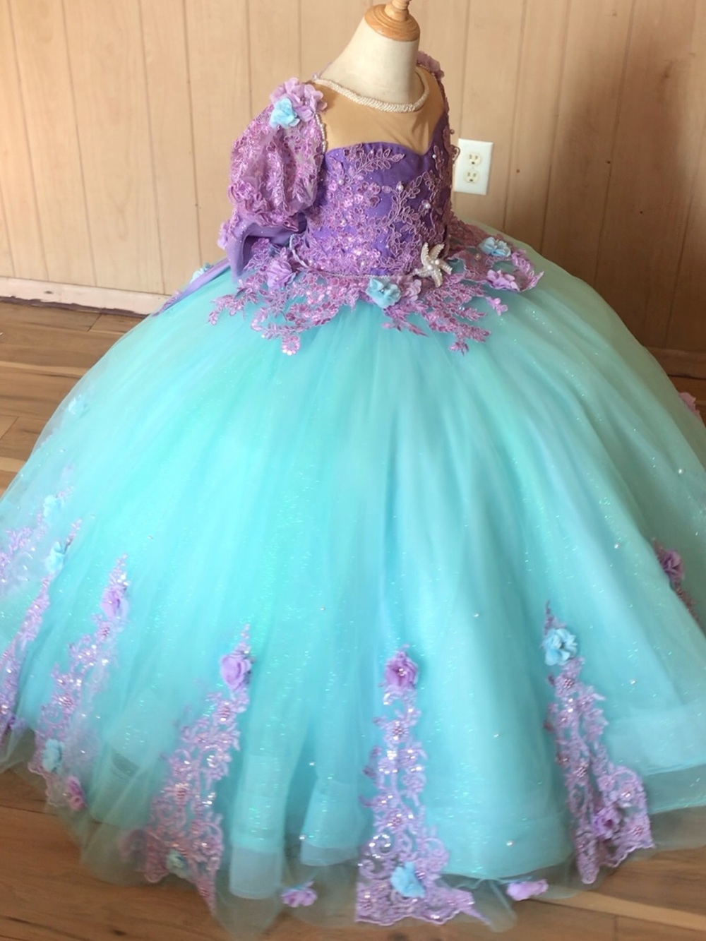 Lavish Purple & Aqua Flower-Embellished Girls' Ball Gown Dress